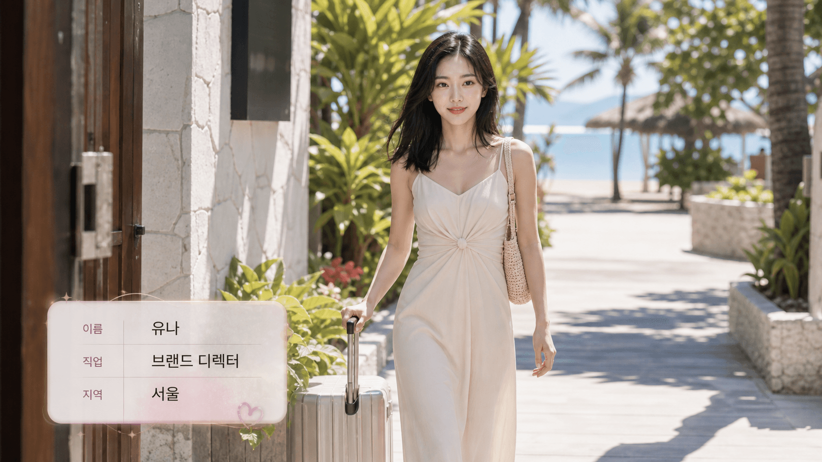 휴양지 연애 리얼리티 첫 등장 장면처럼 만든 AI 결과물