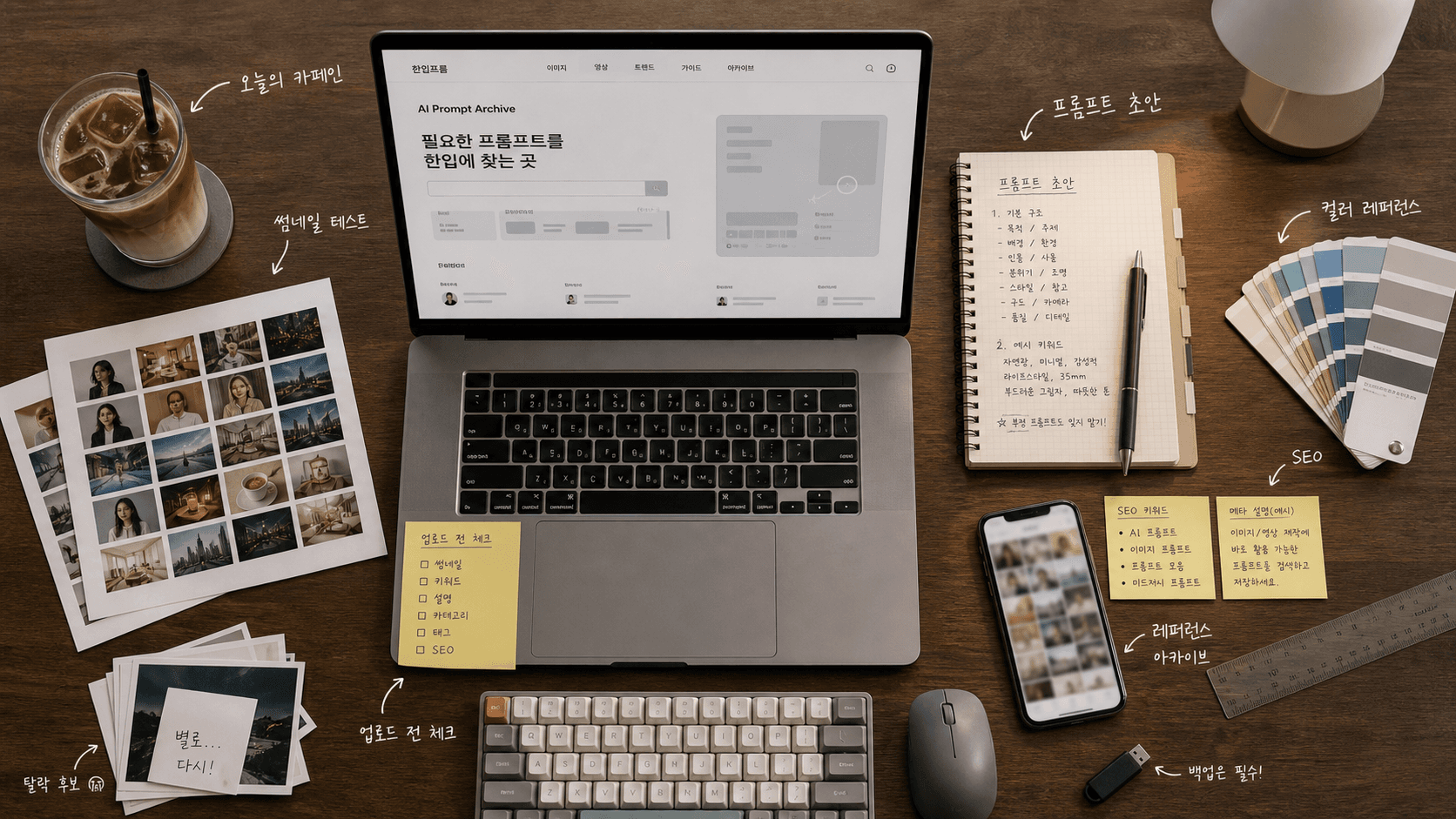 콘텐츠 제작자의 작업 책상을 탑뷰로 촬영한 듯한 AI 결과물