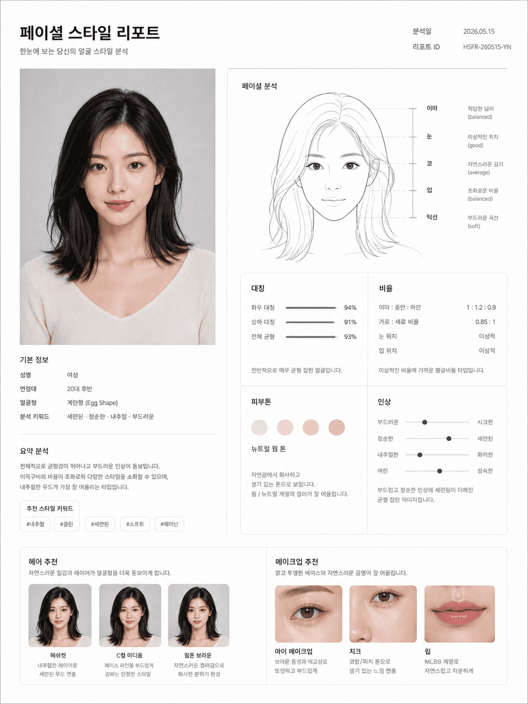 얼굴 사진과 스타일 분석 UI가 함께 배치된 리포트 AI 결과물