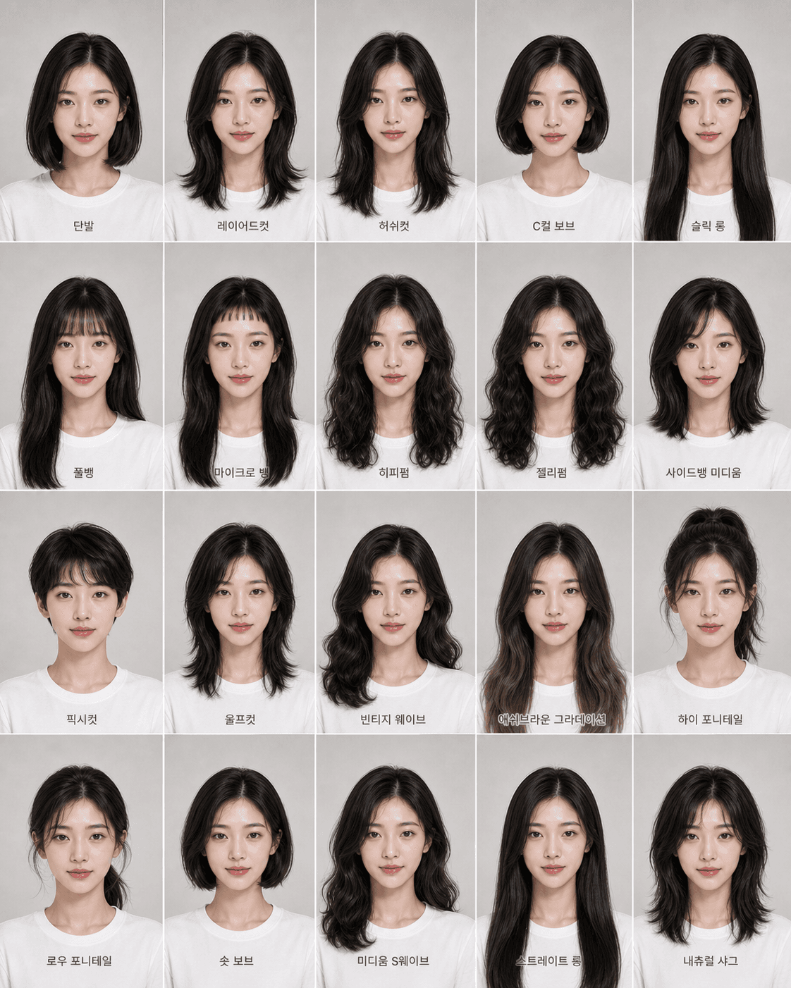 동일 인물 얼굴에 다양한 헤어스타일을 적용한 20컷 룩북 AI 결과물