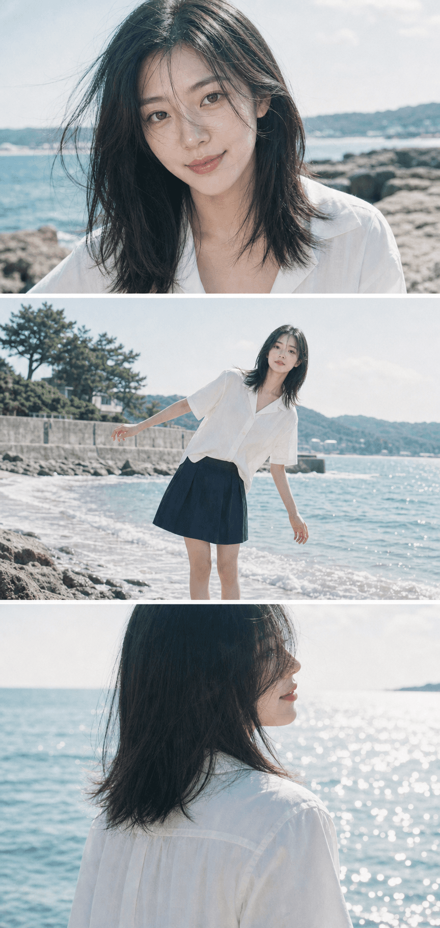 여름 해변에서 촬영한 듯한 3분할 필름 스냅 AI 결과물