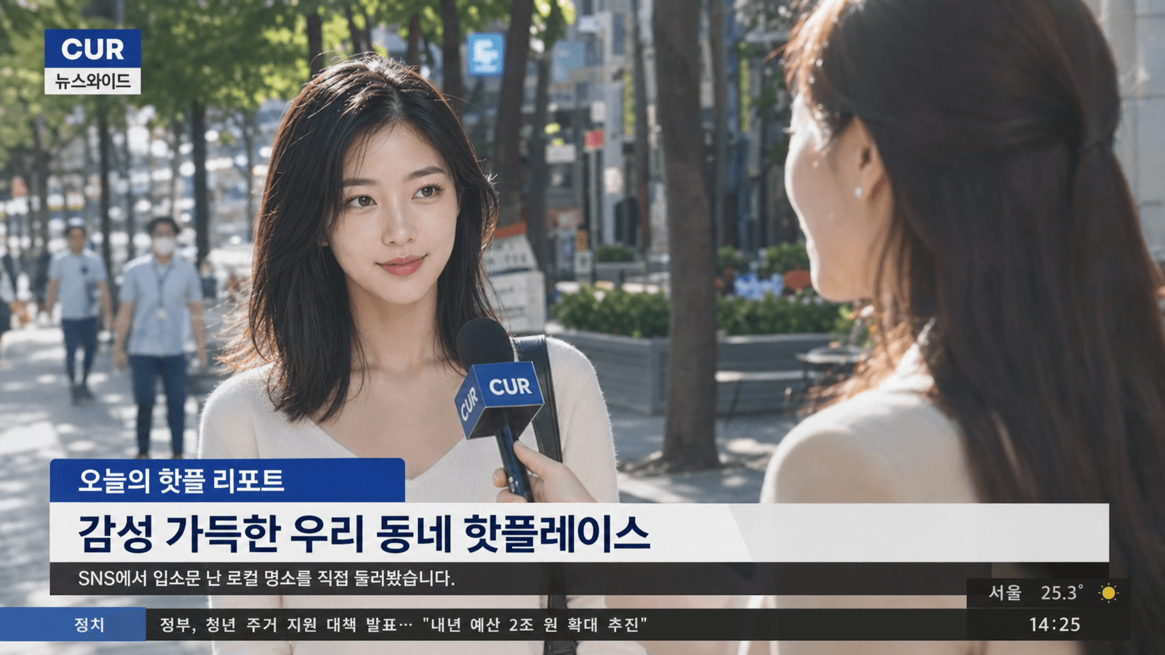 한국 로컬 뉴스 인터뷰 방송 캡처처럼 연출한 AI 결과물