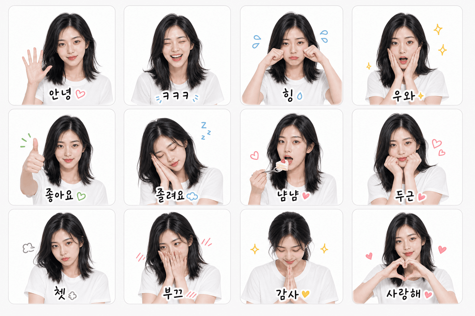동일 인물의 12가지 표정을 그리드로 배치한 실사 이모티콘 AI 결과물
