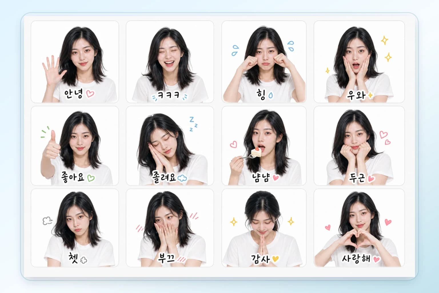 동일 인물의 12가지 표정을 그리드로 배치한 실사 이모티콘 AI 결과물