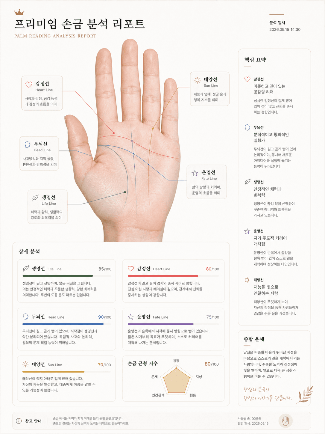 손바닥 사진 위에 손금 라인과 분석 카드를 배치한 리포트 AI 결과물