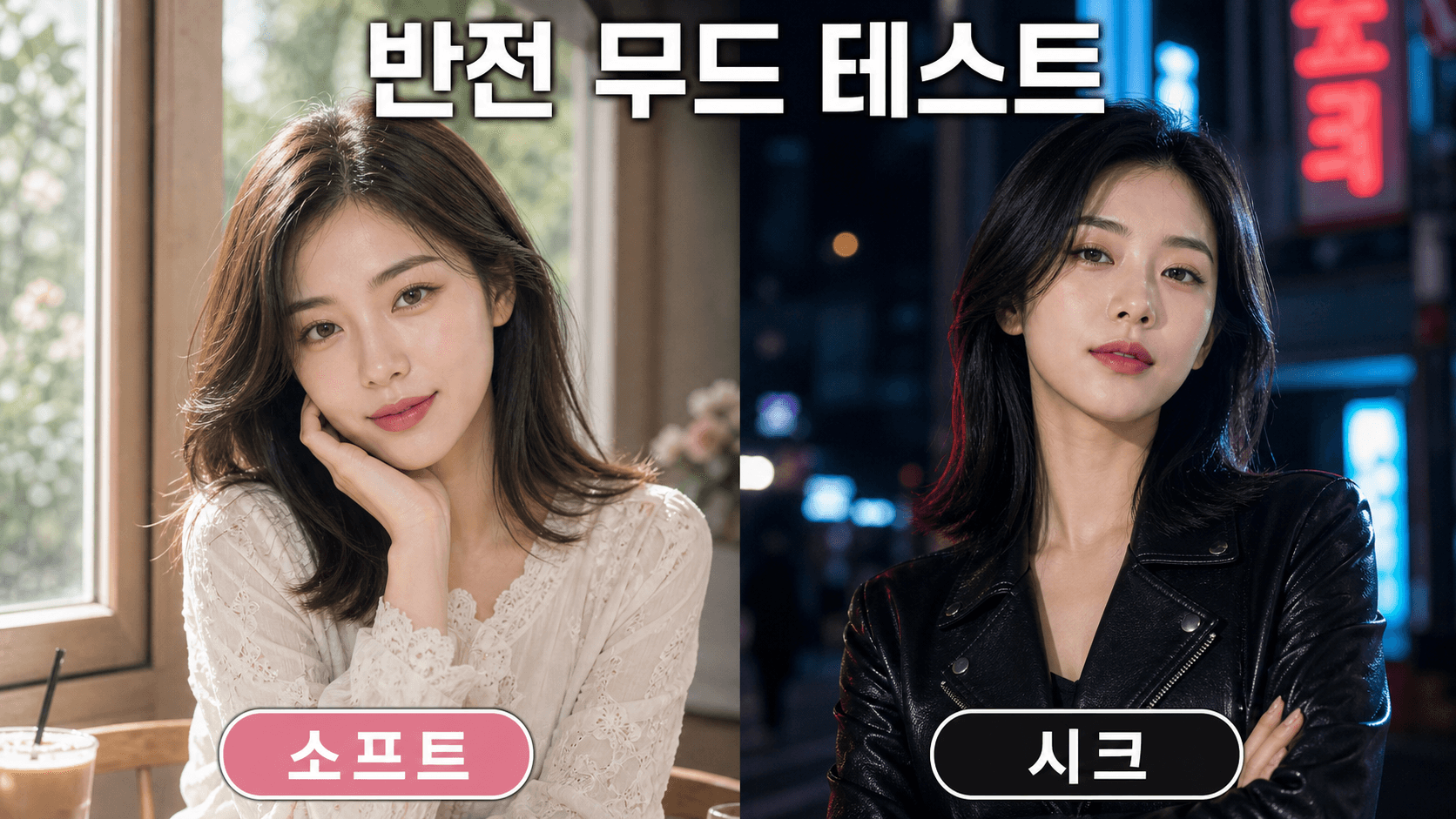 같은 인물을 소프트 무드와 시크 무드로 좌우 비교한 밈 AI 결과물