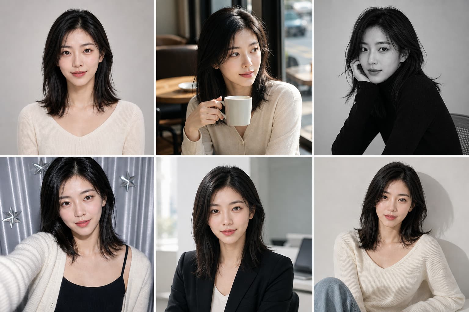 같은 인물의 여러 프로필 후보를 묶은 AI 그리드 결과물