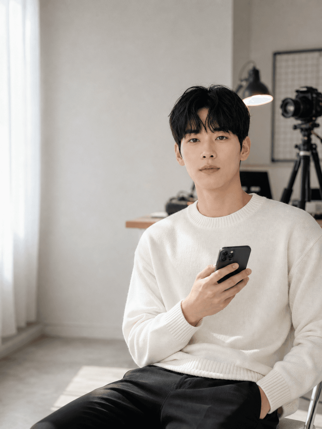 스튜디오에서 스마트폰을 든 인물의 릴스 커버용 AI 결과물