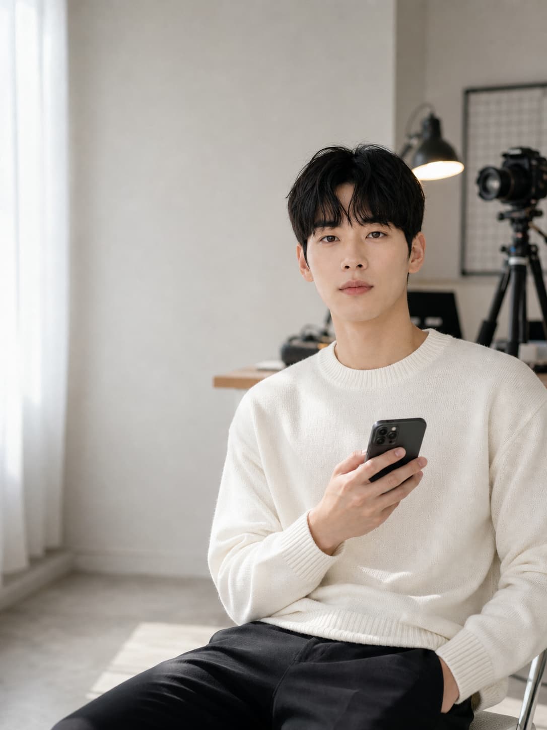 스튜디오에서 스마트폰을 든 인물의 릴스 커버용 AI 결과물